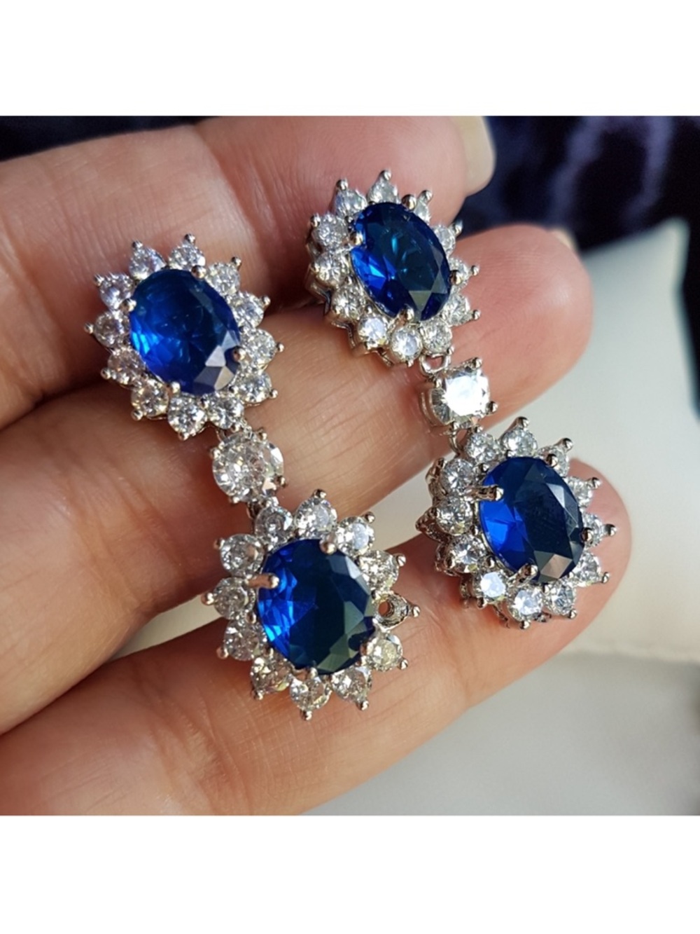 Swarovski Elements Platinum Plated Sapphire Blue Diana Drop Earrings NEW - Picture 16 of 17